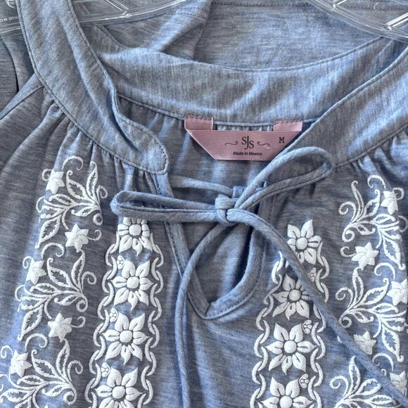 SJS Wms Med Blue Sleeveless Tunic Tank White Puffy Floral Design Tie Neck Casual - Picture 5 of 8